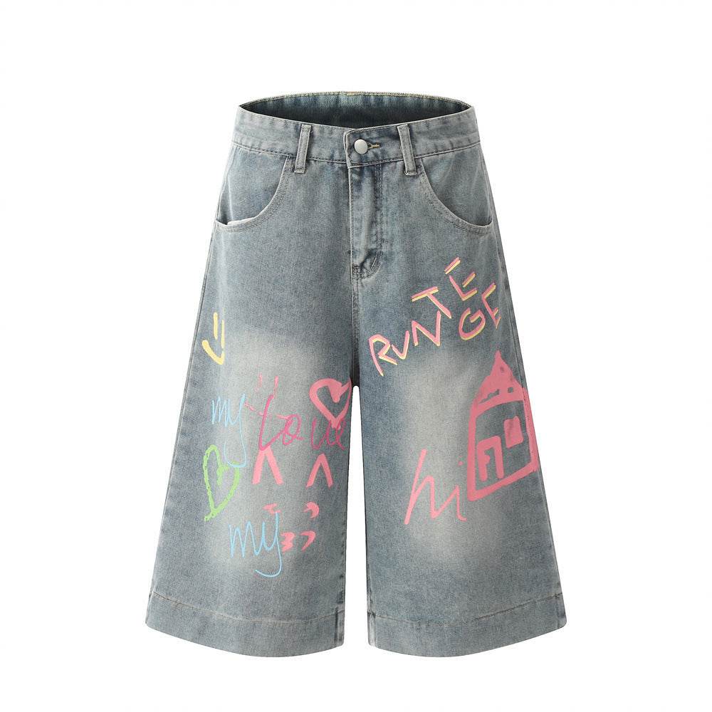 Hand Painted Graffiti Printing Denim Shorts Men Jeans