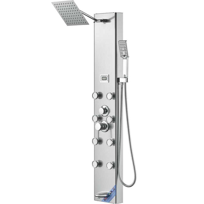 Shower Panel System, 5 Shower Modes, Digital Display Shower Panel Tower, Rainfall, 8 Massage Jets, Tub Spout, 3-Setting Handheld Shower Head 59 Hose, Stainless Steel Wall-Mounted Shower Set