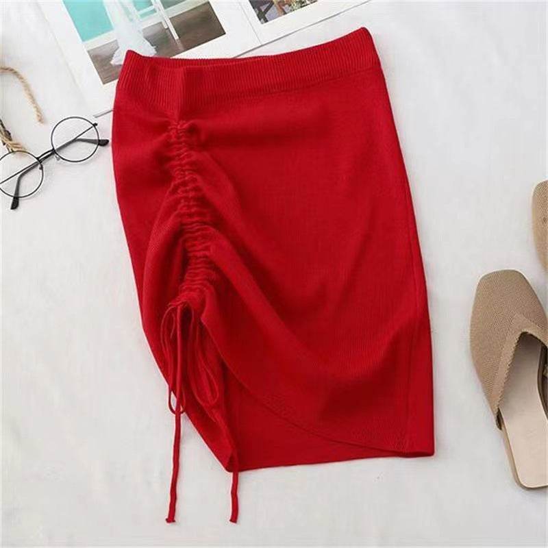 Hot Girl Hip Skirt Design High Waist With Straps Stretch Knitted Women's Mini Drawstring Split Skirt