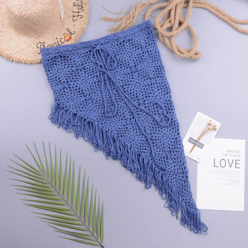 European And American Women's See Through Hollow Knitted tassel fringe Slant Beach Skirt