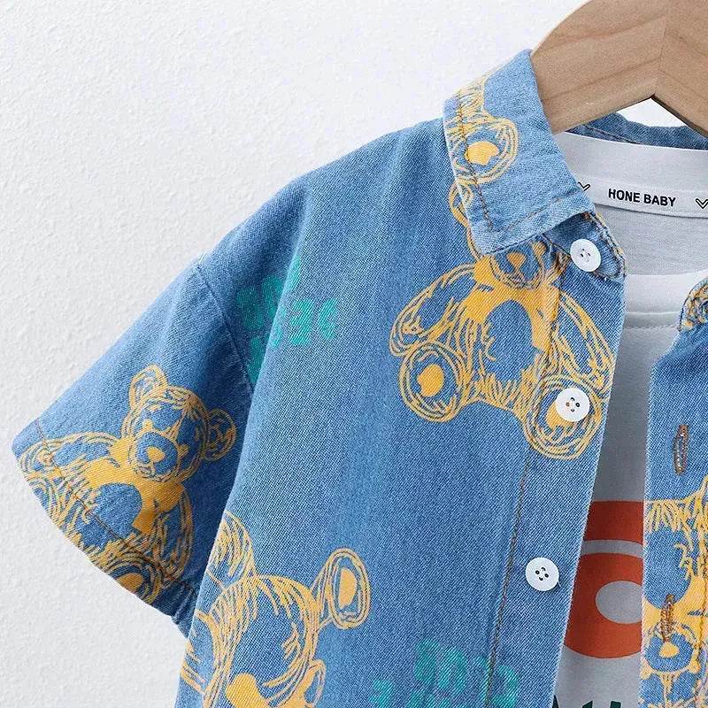 Denim Short Sleeve Shirt Outfit Trendy Handsome Clothes Boys Denim two piece for boys