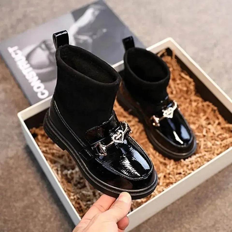 Black Patent leather boots for girls Woolen Winter boot for girls