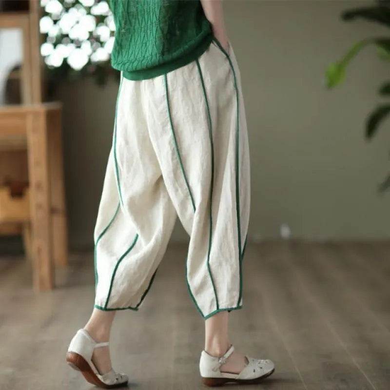 Women's Striped Cotton Linen Harem Bloomer Pants – High Waist Cropped