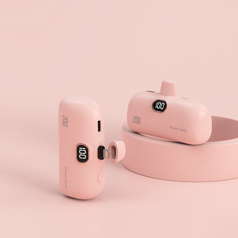 Mini Capsule Power Bank 5000mAh – Black, Pink, Green & White | Android, USB-C & Apple Cable