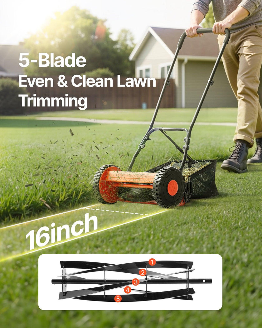 16' Manual Push Reel Lawn Mower 5-Blade Adjustable Height Grass Catcher 2 Wheels