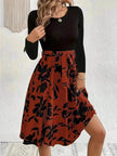 Floral Print Long Sleeve Skirt - Round Neck Flared Dress