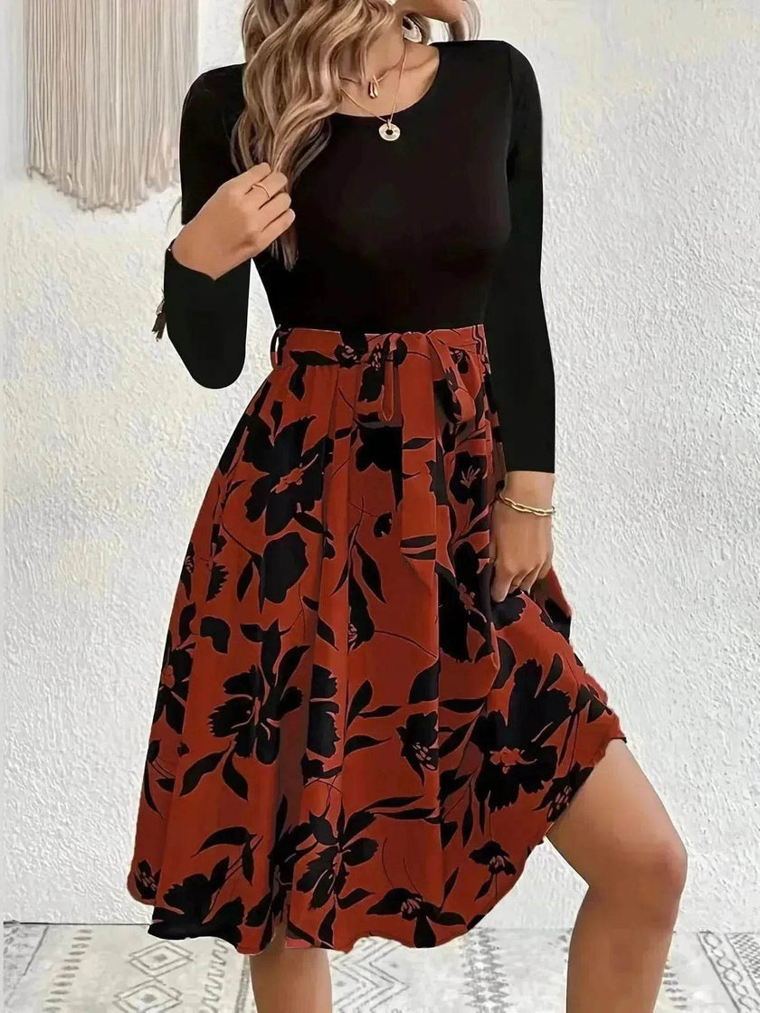 Floral Print Long Sleeve Skirt - Round Neck Flared Dress