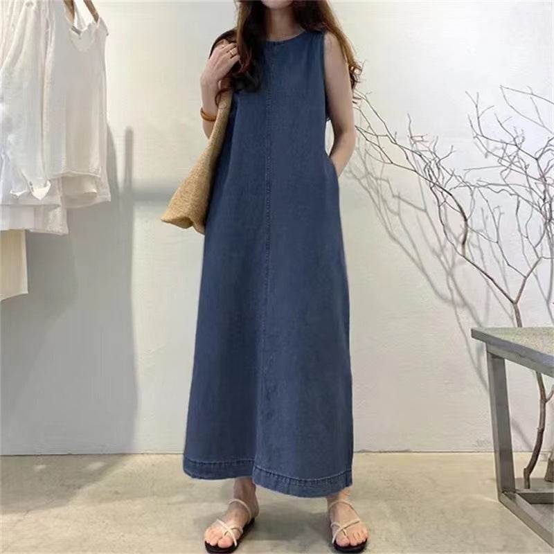 Women's Fashion Sleeveless Mum loose Long Denim Dress
