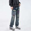 American Style Loose Broken Patch Straight Retro Denim Jeans pant Trousers Men