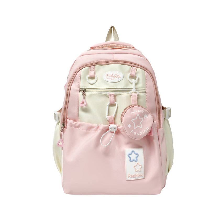 Kawaii Star Patch School Backpack for Girls – Large Capacity Nylon Bag