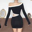Contrast Color Diagonal Collar Lace-up Long Sleeve Dress