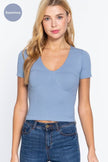 Short Sleeve V-neck Bust Line Detail Seamless Rib Top