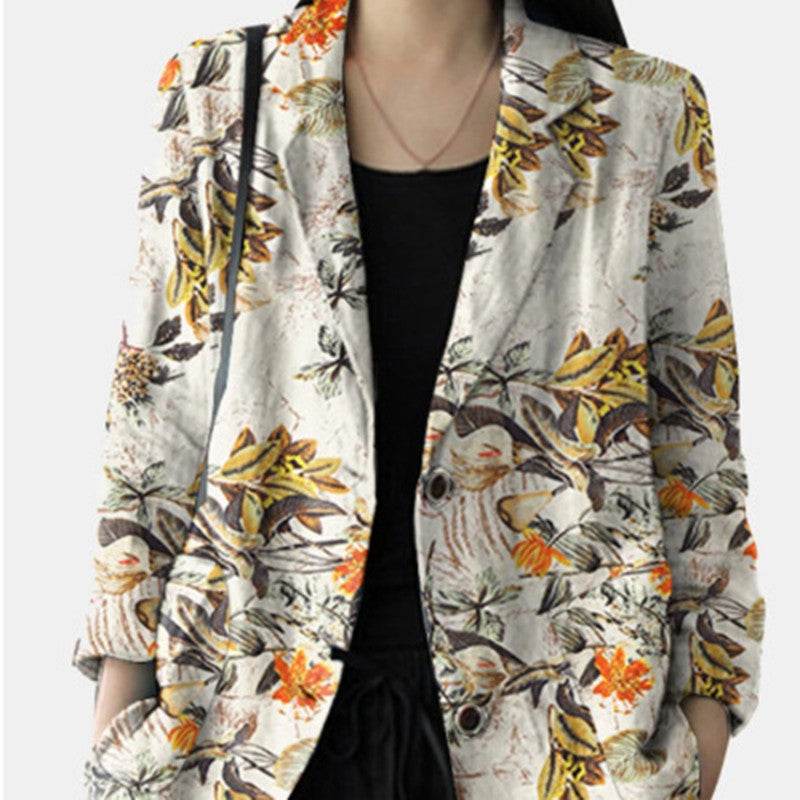 Women's floral Cotton Linen jacket Pocket Blazer