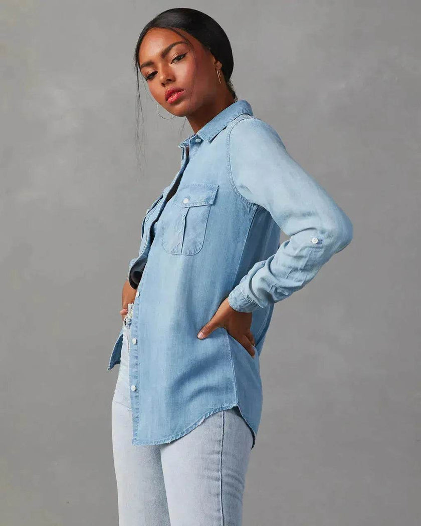 Formal Work Denim shirts for women Leisure Lapel Single Breasted Women's Long Sleeve Denim Shirt Women button down shirts