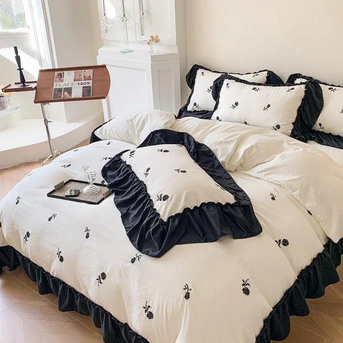 Embroidered Wide Edge Floral Washed Cotton Four-piece Duvet Cover Bedding Set