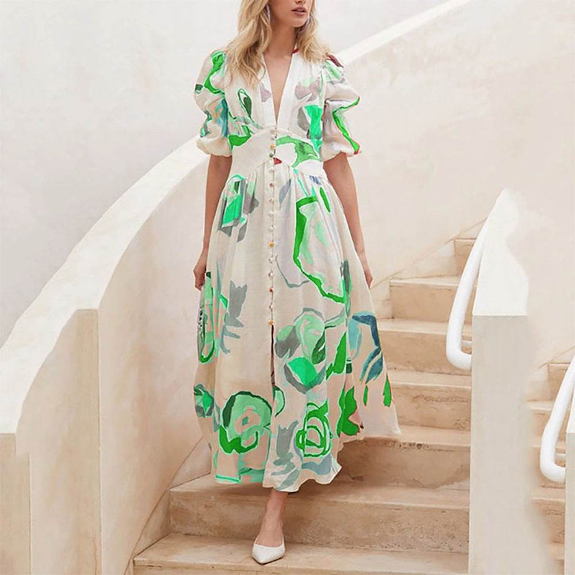 Summer Print Dresses V-neck Button Short Sleeve Midi Dress