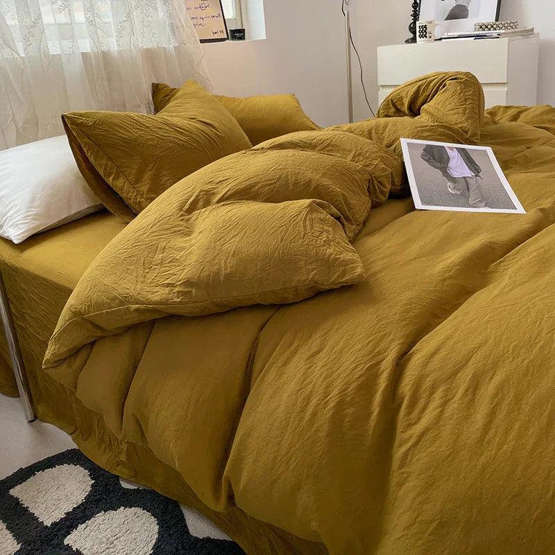 Solid Colour Sanding Washed Cotton 4-Piece Duvet Cover Bed Set