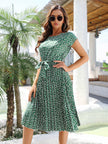 Casual Spring Summer Tie belt Pleated Floral Midi Dress