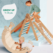Ensemble d'escalade Montessori 5 en 1 : Échelle triangulaire + Arche/Balançoire + Planche de glisse/Rampe + Corde de filet + Coussin