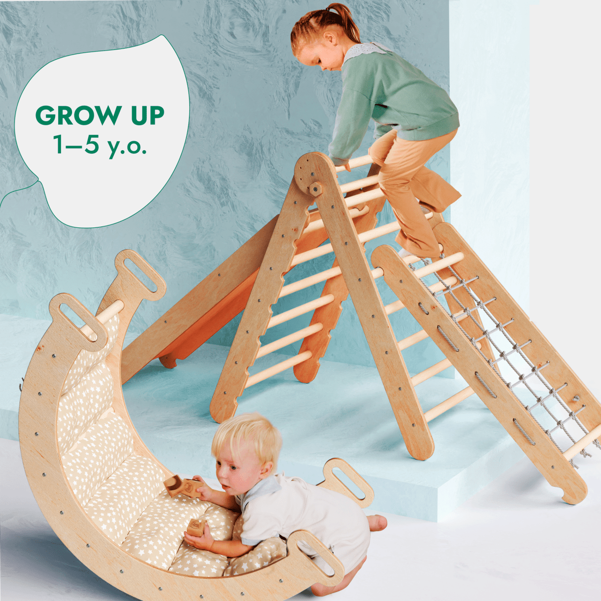 Ensemble d'escalade Montessori 5 en 1 : Échelle triangulaire + Arche/Balançoire + Planche de glisse/Rampe + Corde de filet + Coussin
