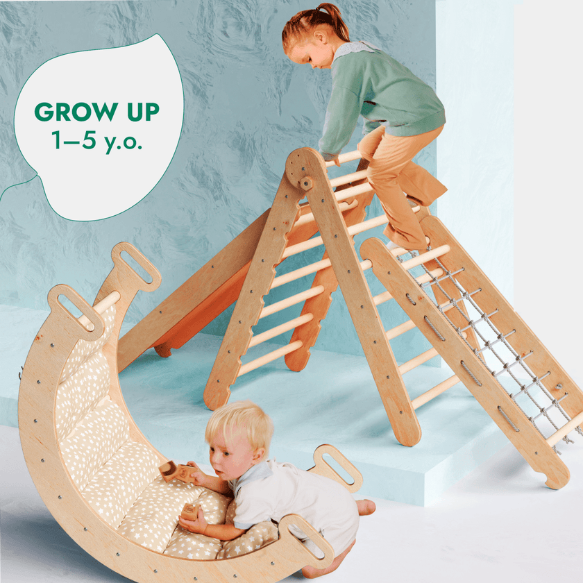 Ensemble d'escalade Montessori 5 en 1 : Échelle triangulaire + Arche/Balançoire + Planche de glisse/Rampe + Corde de filet + Coussin