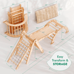 Ensemble d'escalade Montessori 5 en 1 : Échelle triangulaire + Arche/Balançoire + Planche de glisse/Rampe + Corde de filet + Coussin