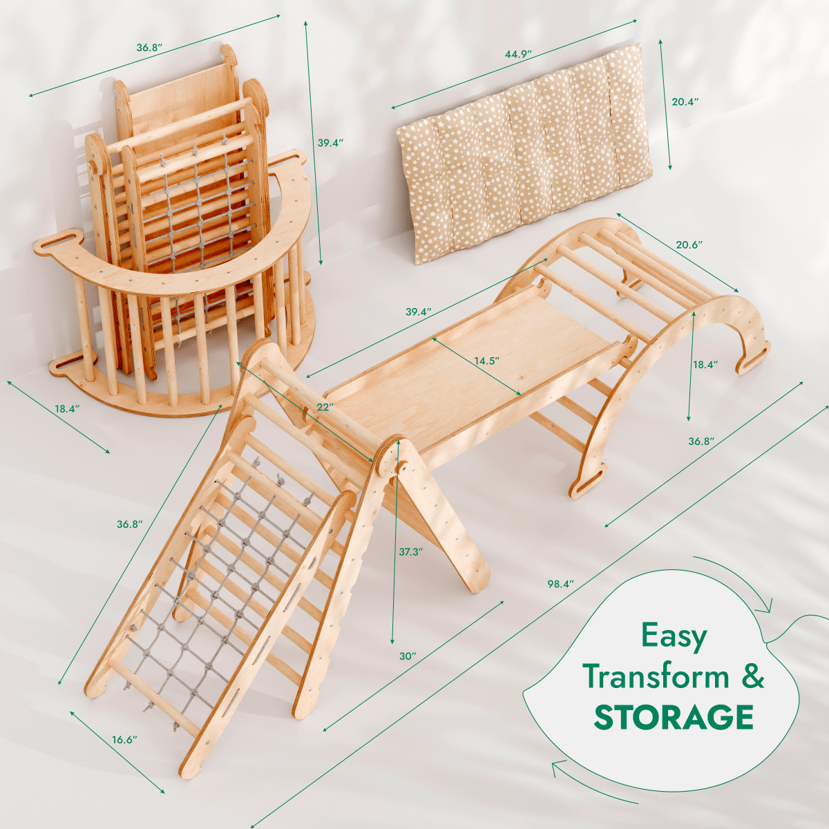 Ensemble d'escalade Montessori 5 en 1 : Échelle triangulaire + Arche/Balançoire + Planche de glisse/Rampe + Corde de filet + Coussin