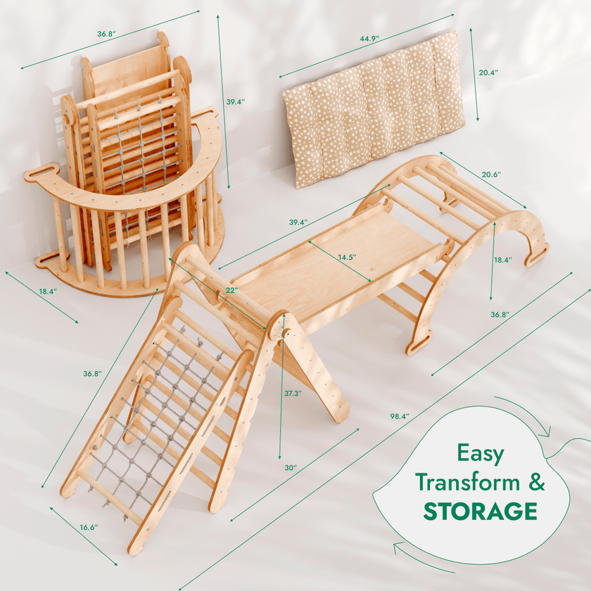 Ensemble d'escalade Montessori 5 en 1 : Échelle triangulaire + Arche/Balançoire + Planche de glisse/Rampe + Corde de filet + Coussin