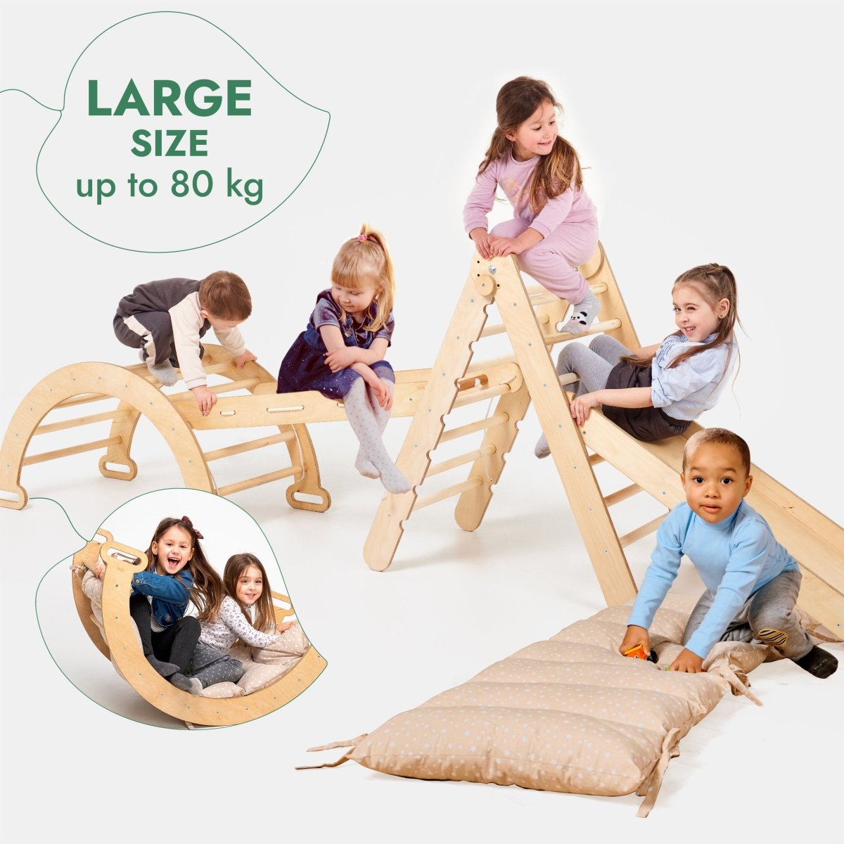 Ensemble d'escalade Montessori 5 en 1 : Échelle triangulaire + Arche/Balançoire + Planche de glisse/Rampe + Corde de filet + Coussin
