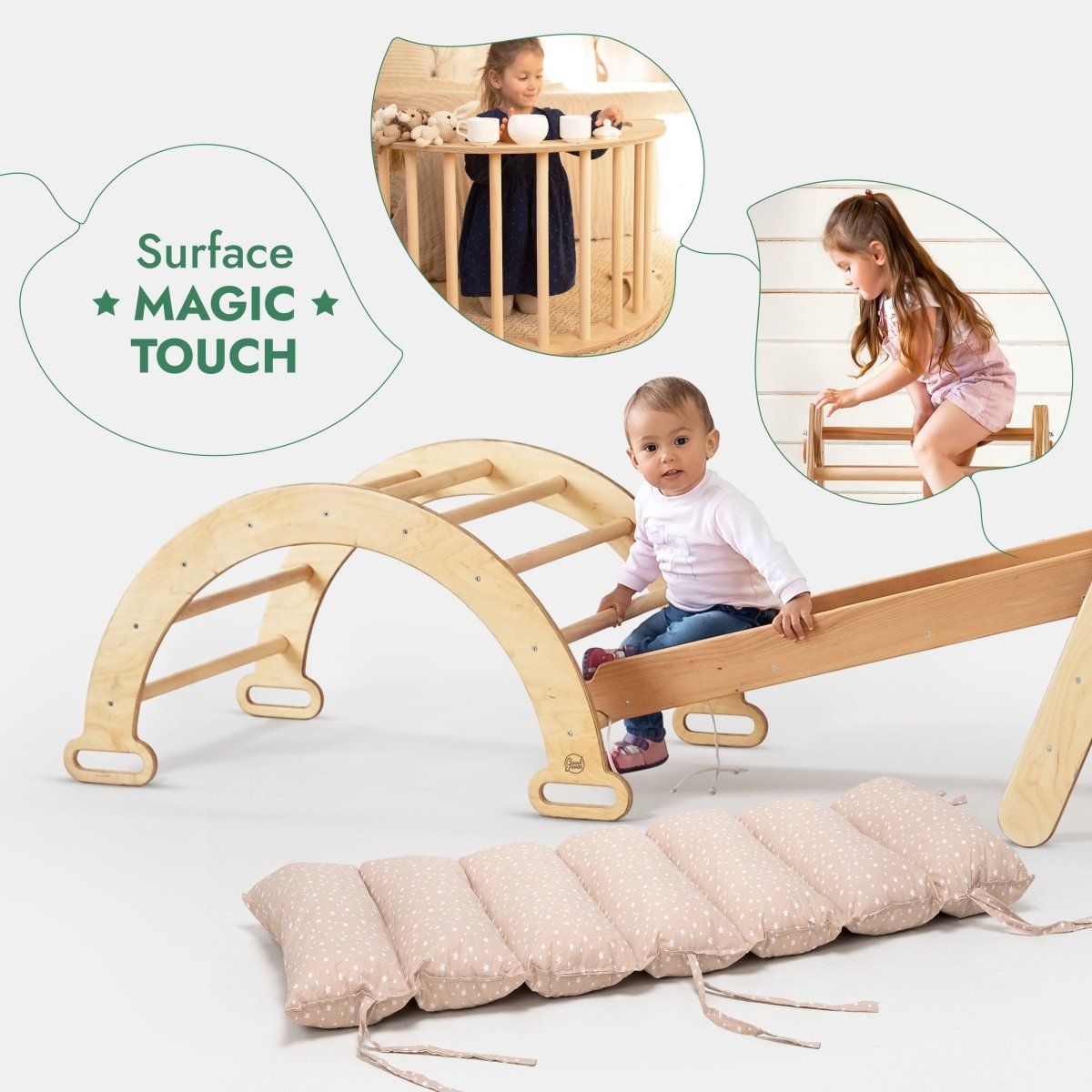 Ensemble d'escalade Montessori 5 en 1 : Échelle triangulaire + Arche/Balançoire + Planche de glisse/Rampe + Corde de filet + Coussin