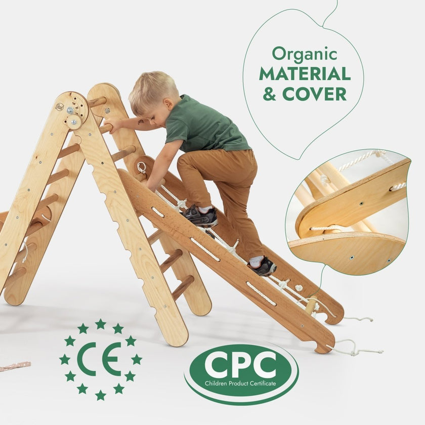 Ensemble d'escalade Montessori 5 en 1 : Échelle triangulaire + Arche/Balançoire + Planche de glisse/Rampe + Corde de filet + Coussin