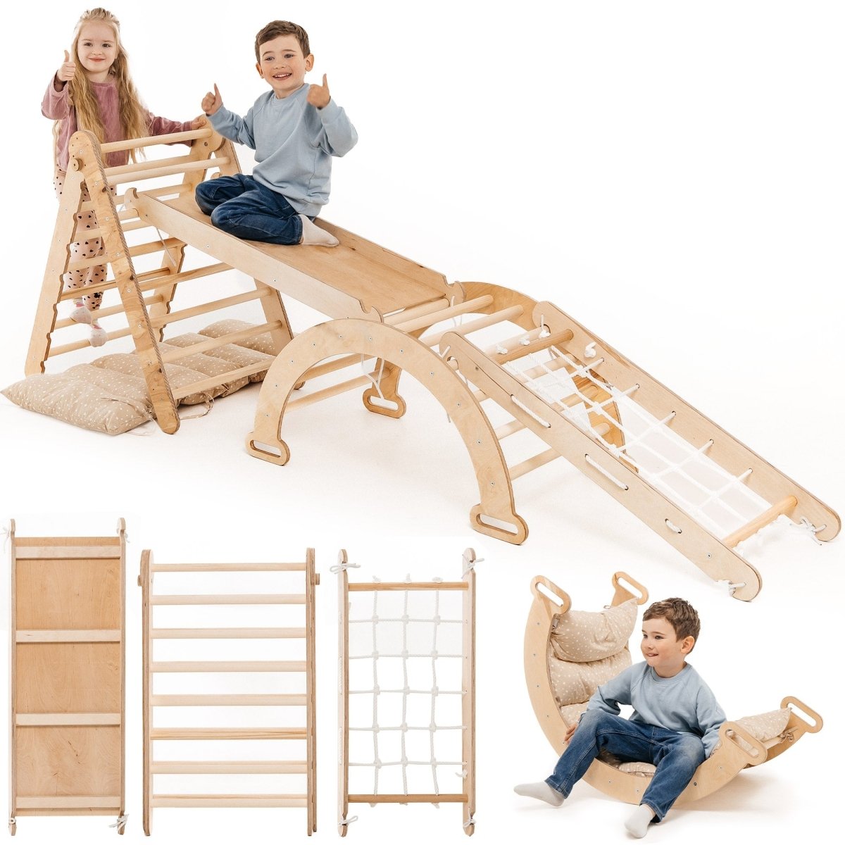 Ensemble d'escalade Montessori 5 en 1 : Échelle triangulaire + Arche/Balançoire + Planche de glisse/Rampe + Corde de filet + Coussin