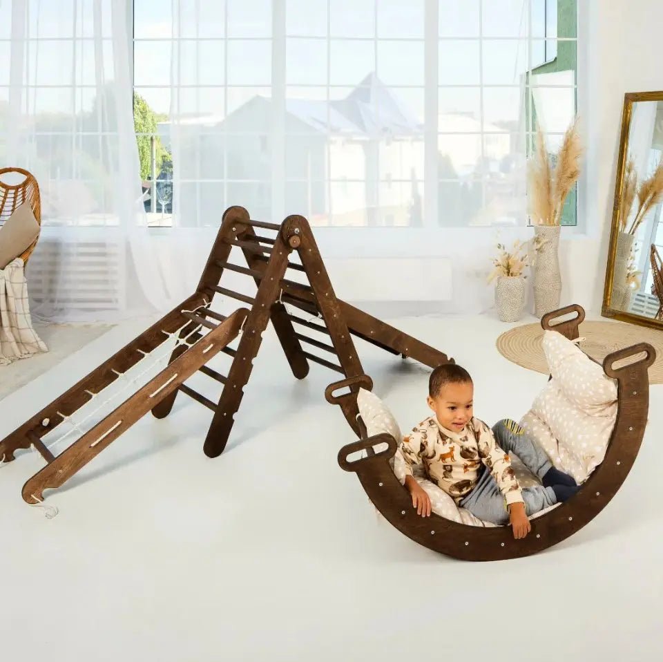 Ensemble d'escalade Montessori 5 en 1 : Échelle triangulaire + Arche/Balançoire + Planche de glisse/Rampe + Corde de filet + Coussin