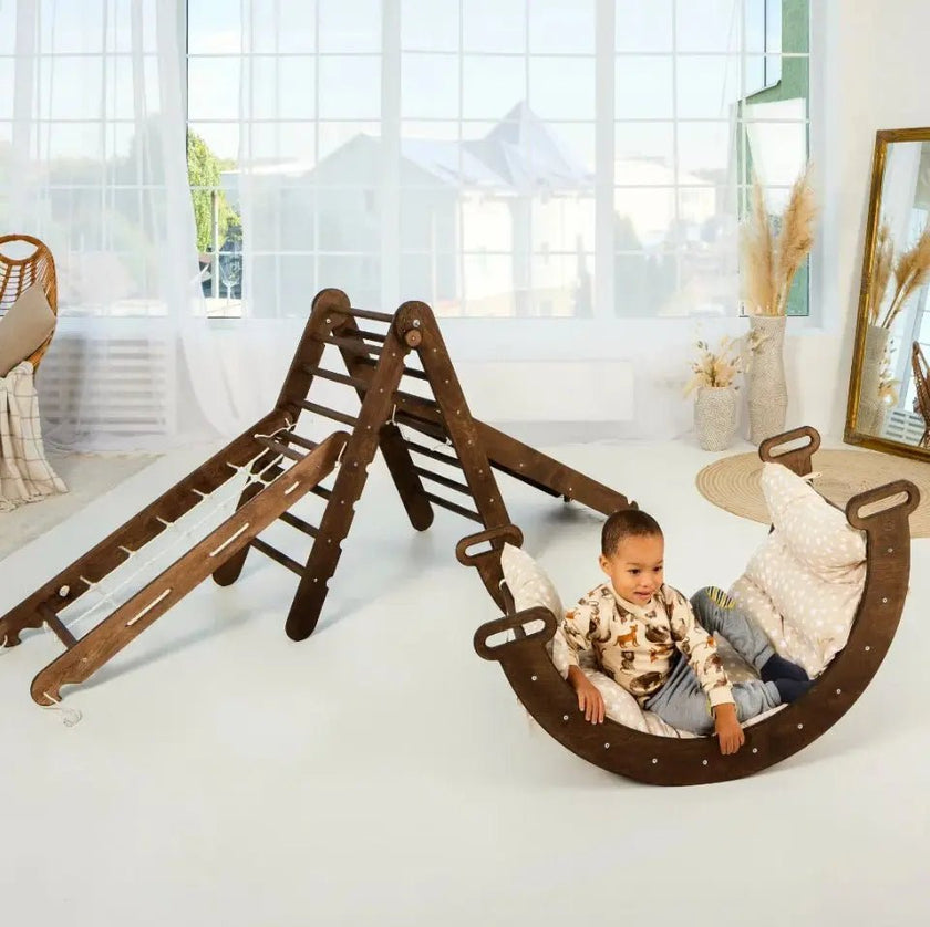 Ensemble d'escalade Montessori 5 en 1 : Échelle triangulaire + Arche/Balançoire + Planche de glisse/Rampe + Corde de filet + Coussin