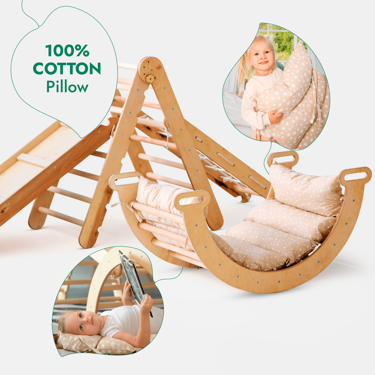 Ensemble d'escalade Montessori 5 en 1 : Échelle triangulaire + Arche/Balançoire + Planche de glisse/Rampe + Corde de filet + Coussin