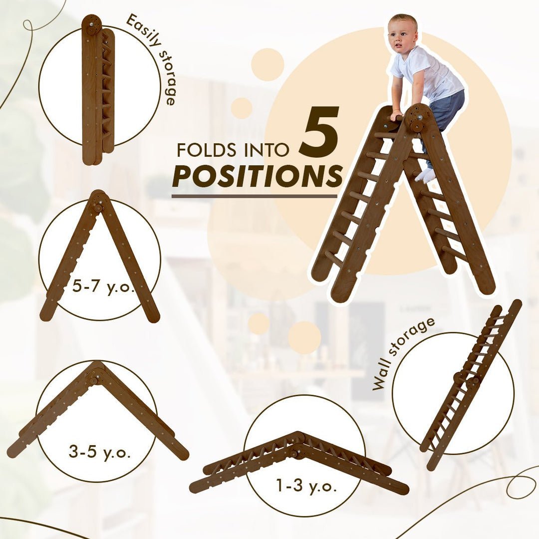 Ensemble d'escalade Montessori 5 en 1 : Échelle triangulaire + arche/balançoire + planche/rampe de glisse + filet + coussin – Chocolat