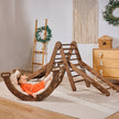 Ensemble d'escalade Montessori 5 en 1 : Échelle triangulaire + arche/balançoire + planche/rampe de glisse + filet + coussin – Chocolat