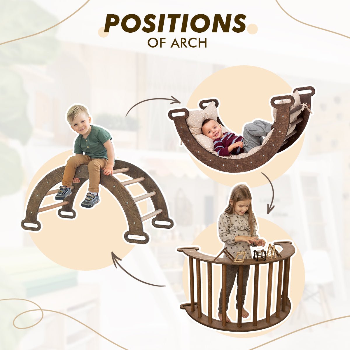Ensemble d'escalade Montessori 5 en 1 : Échelle triangulaire + arche/balançoire + planche/rampe de glisse + filet + coussin – Chocolat