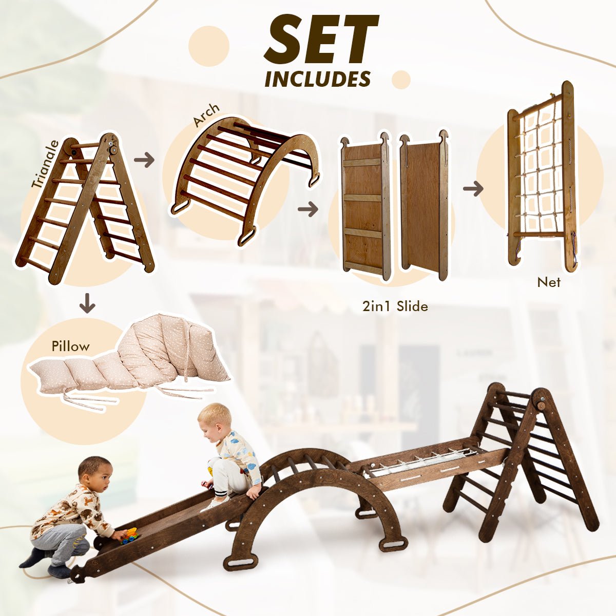 Ensemble d'escalade Montessori 5 en 1 : Échelle triangulaire + arche/balançoire + planche/rampe de glisse + filet + coussin – Chocolat