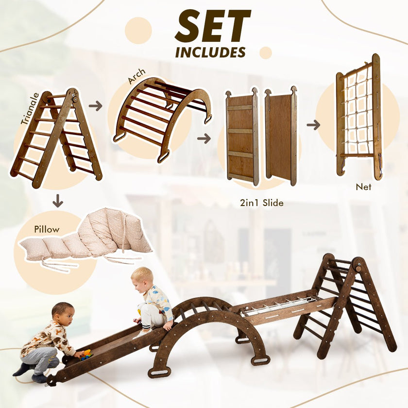 Ensemble d'escalade Montessori 5 en 1 : Échelle triangulaire + arche/balançoire + planche/rampe de glisse + filet + coussin – Chocolat