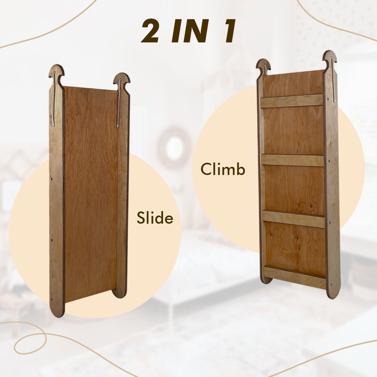 Ensemble d'escalade Montessori 5 en 1 : Échelle triangulaire + arche/balançoire + planche/rampe de glisse + filet + coussin – Chocolat