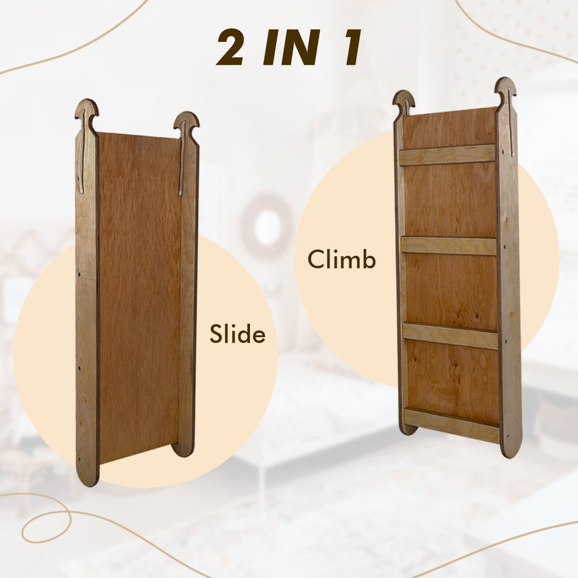 Ensemble d'escalade Montessori 5 en 1 : Échelle triangulaire + arche/balançoire + planche/rampe de glisse + filet + coussin – Chocolat