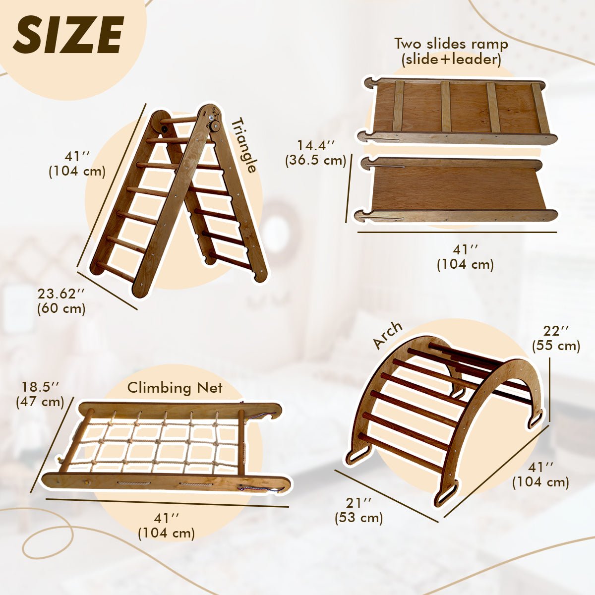 Ensemble d'escalade Montessori 5 en 1 : Échelle triangulaire + arche/balançoire + planche/rampe de glisse + filet + coussin – Chocolat