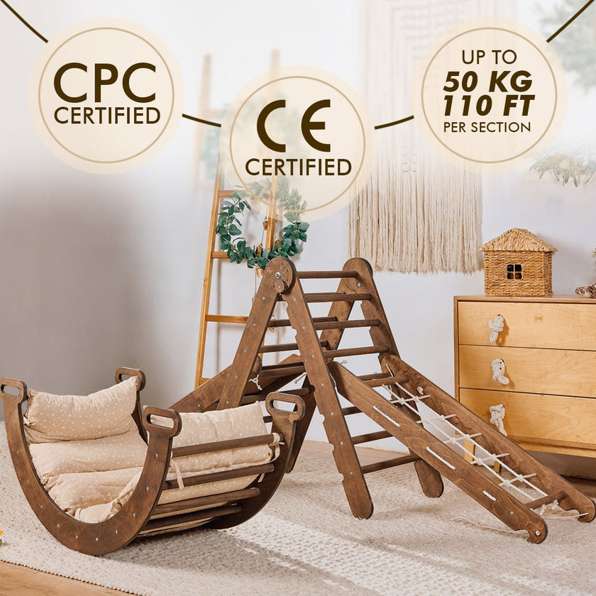 Ensemble d'escalade Montessori 5 en 1 : Échelle triangulaire + arche/balançoire + planche/rampe de glisse + filet + coussin – Chocolat