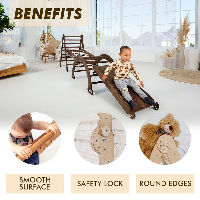Ensemble d'escalade Montessori 5 en 1 : Échelle triangulaire + arche/balançoire + planche/rampe de glisse + filet + coussin – Chocolat