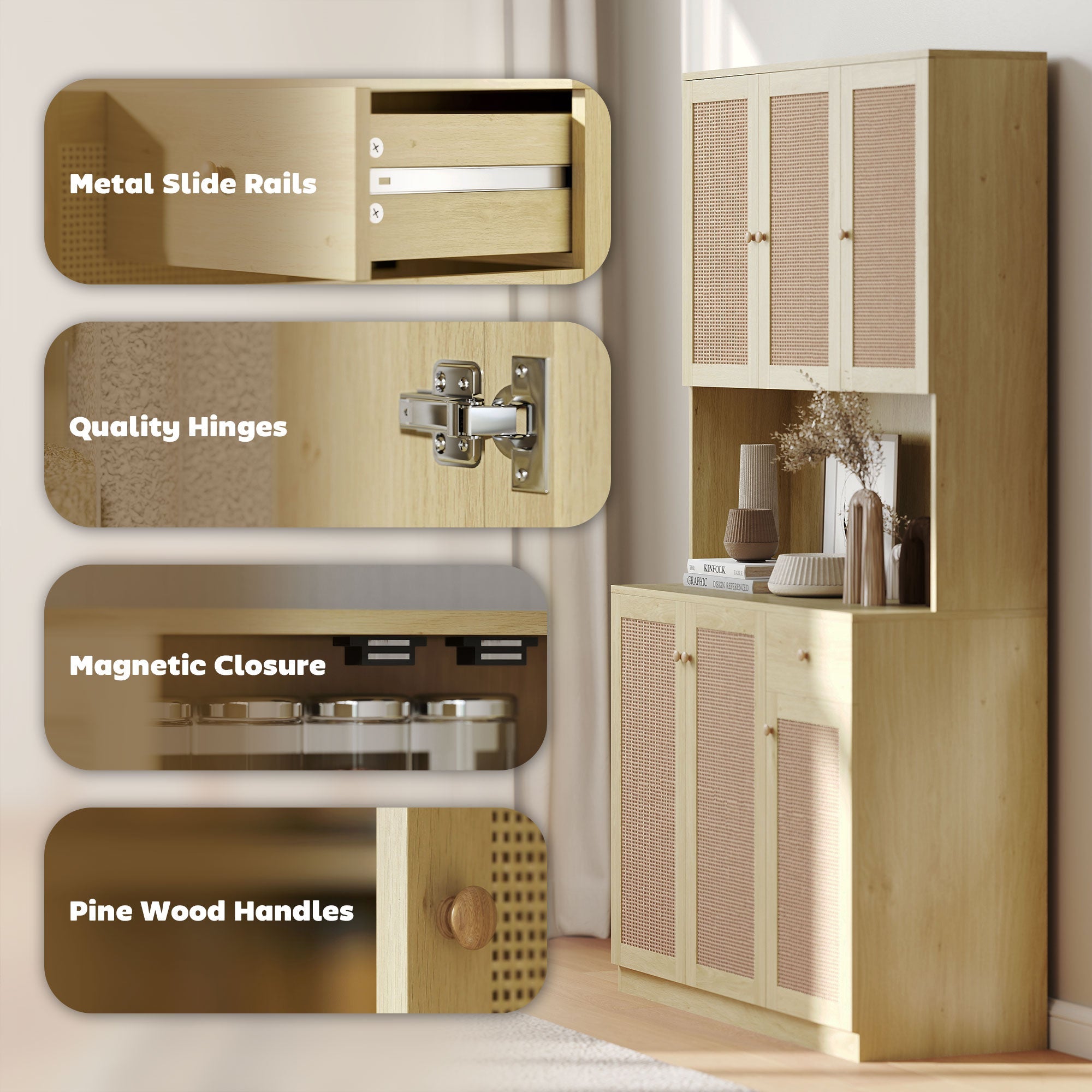 Milan Boho Kitchen Pantry Cabinet with Decorative Rattan Doors-Natural