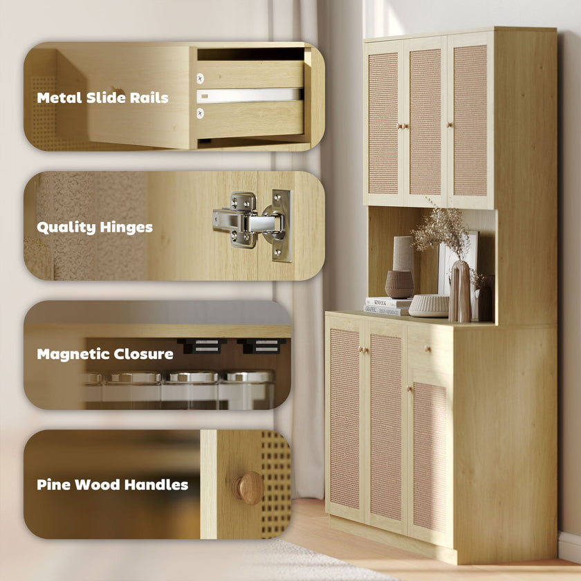 Milan Boho Kitchen Pantry Cabinet with Decorative Rattan Doors-Natural