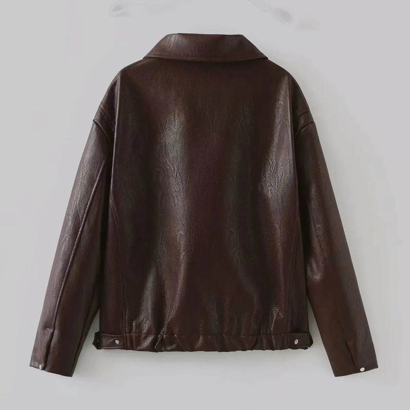Fashioned Oversized zipper Lapel Leather coat jacket for women