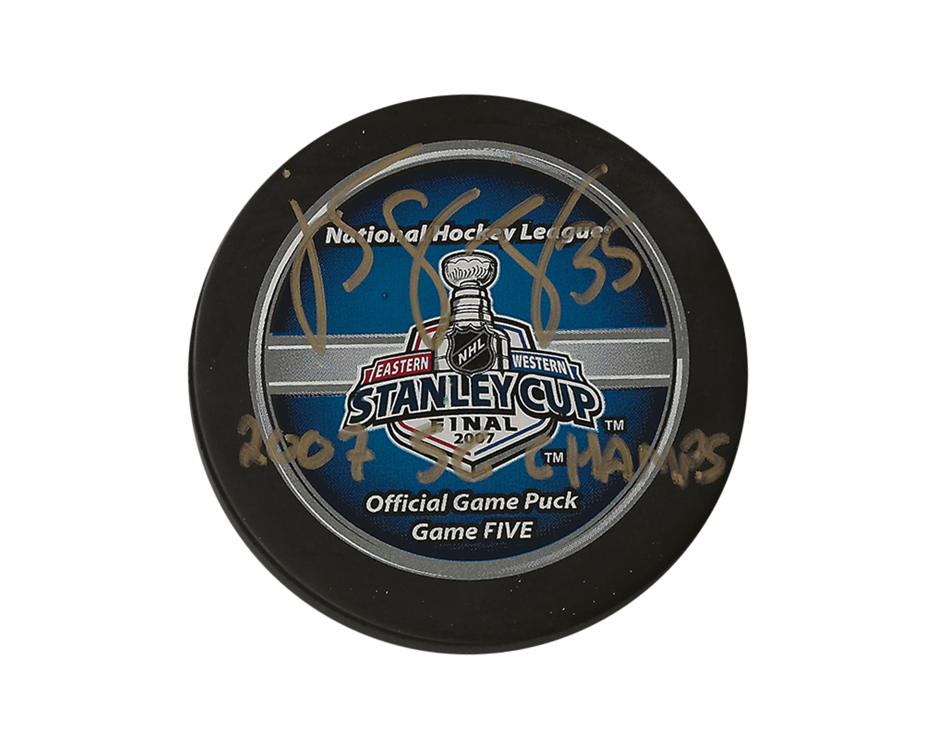 Jean-Sébastien Giguère Autographed 2007 Game 5 Stanley Cup Finals Official Game Puck Inscribed 