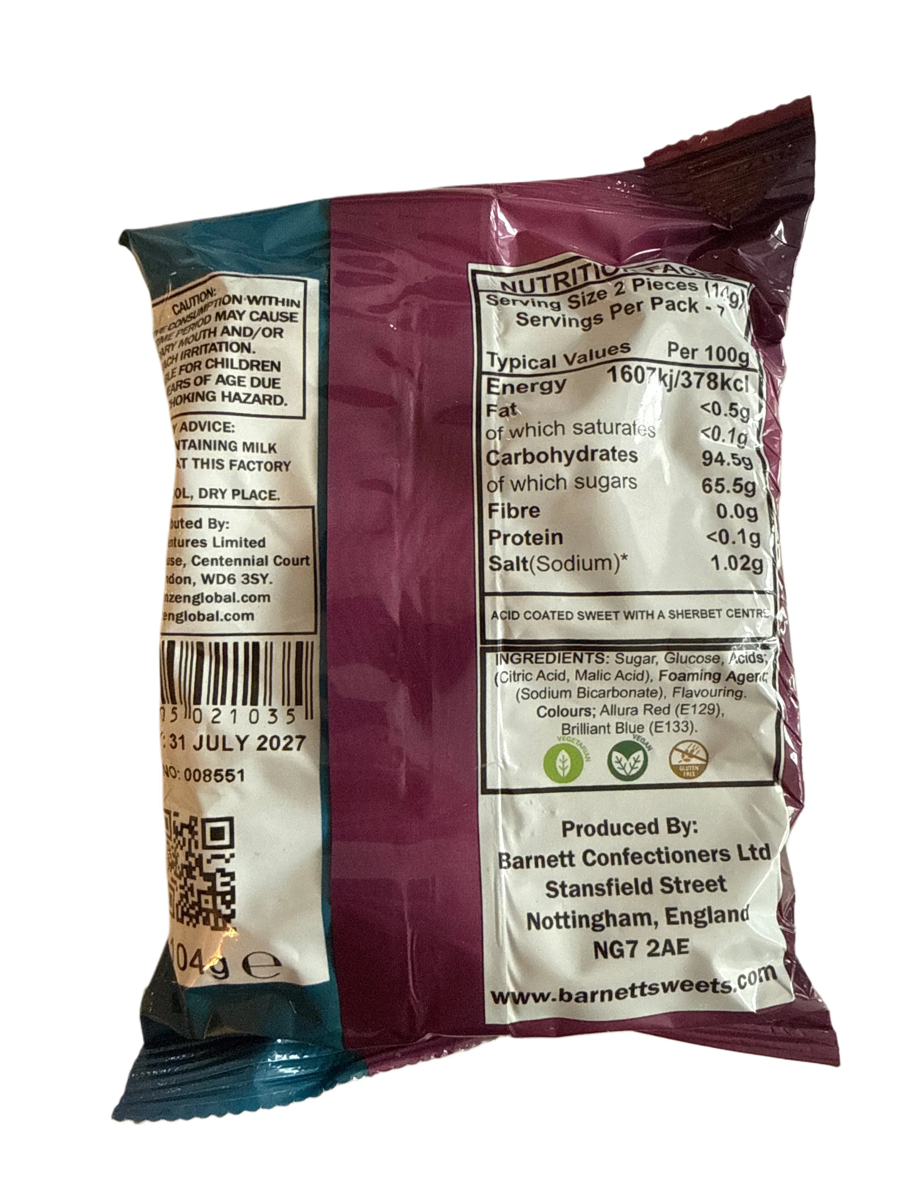 Barnetts Mega Sour Bubblegum Flavoured Candy 104G - U.K Edition